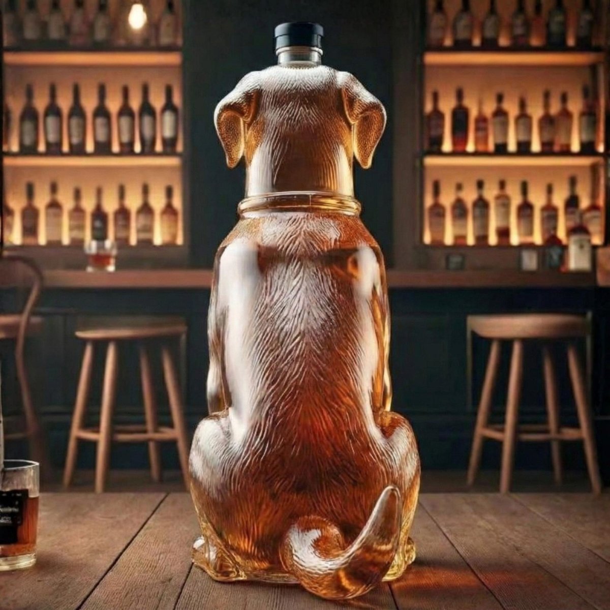 Rear view of the Kouvr Labrador dog decanter showing the sculpted glass fur texture and curled tail, positioned on a bar counter.