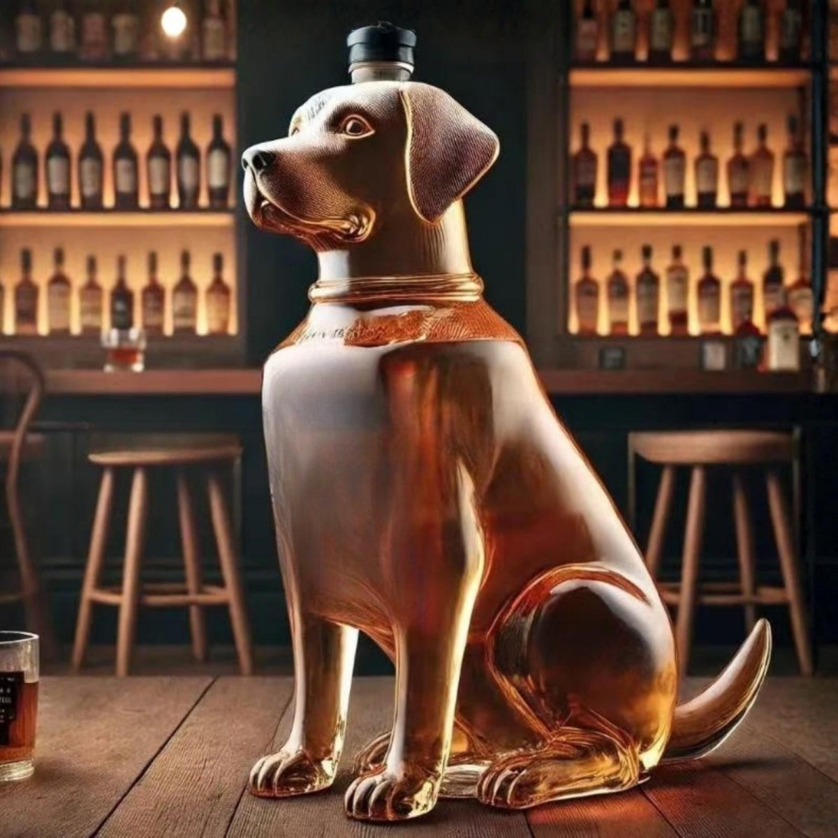 Side profile of the Kouvr Labrador Retriever shaped glass whiskey decanter sitting on a wooden bar top with a full bar in the background.