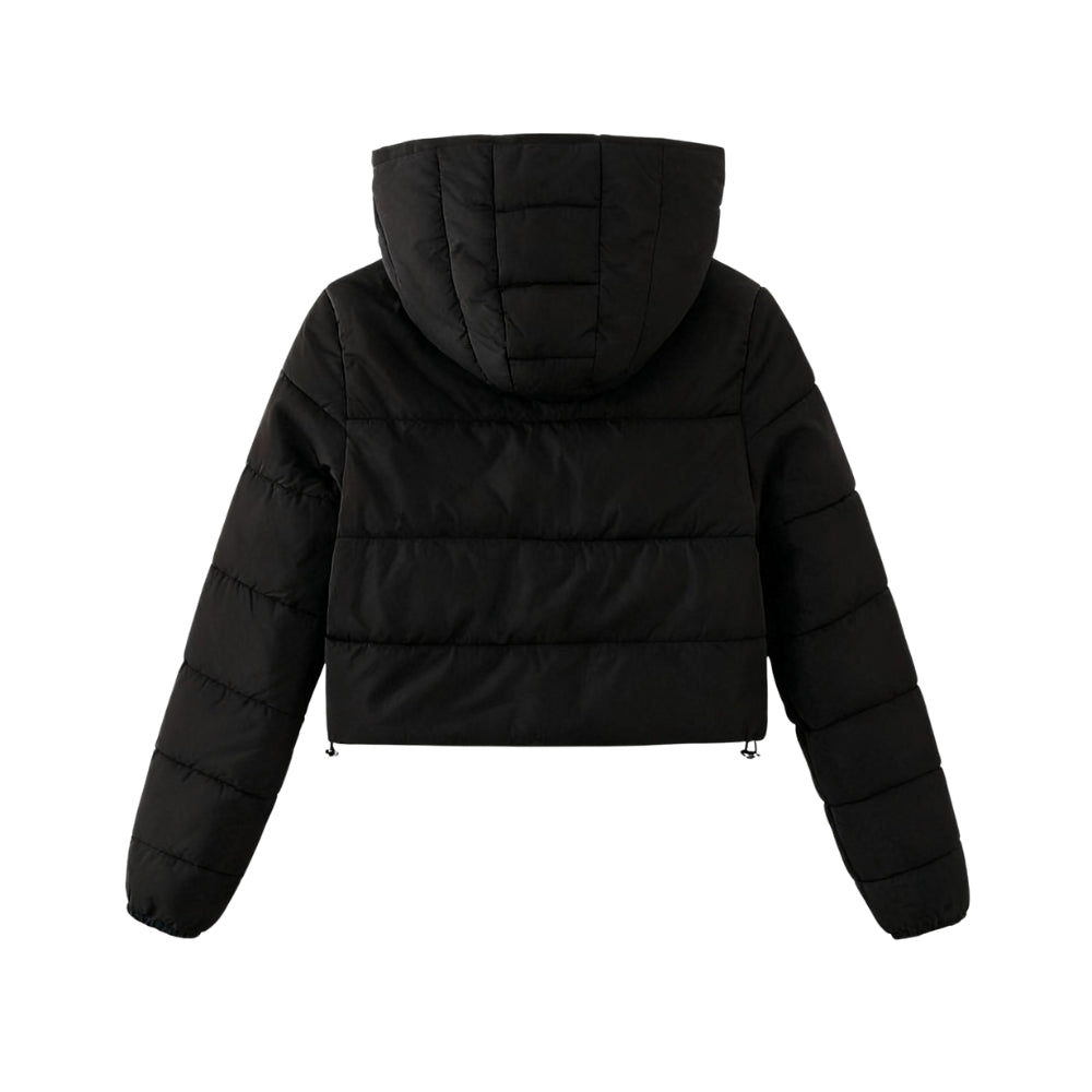 Black Kouvr puffer jacket with a hood on a white background