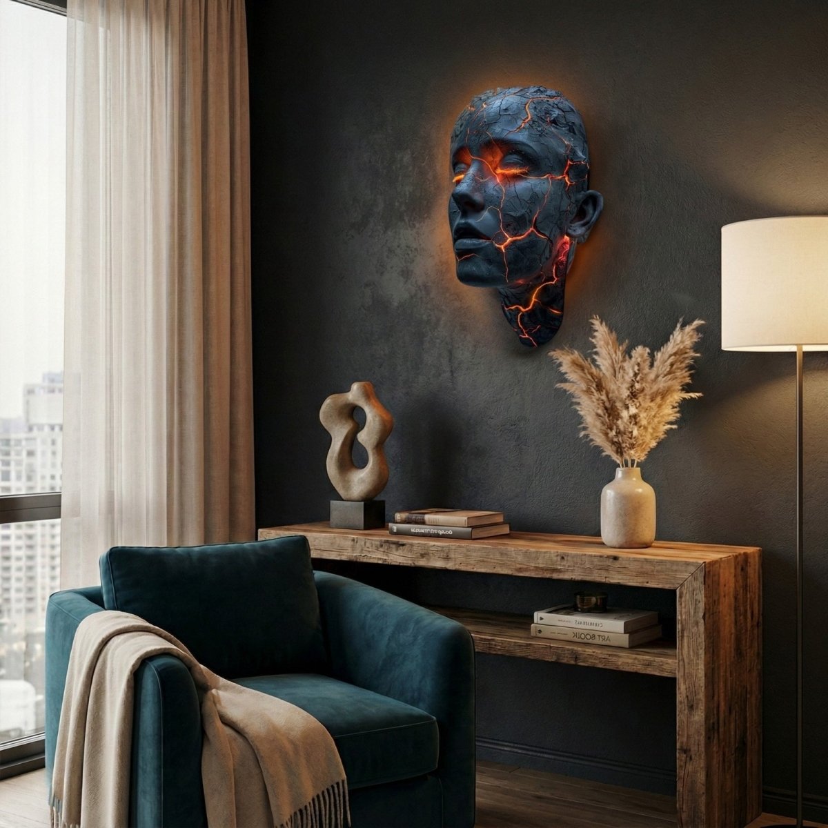 The Kouvr wall sculpture installed in a modern luxury living room above a wooden console table, acting as a statement art piece and providing warm accent lighting.