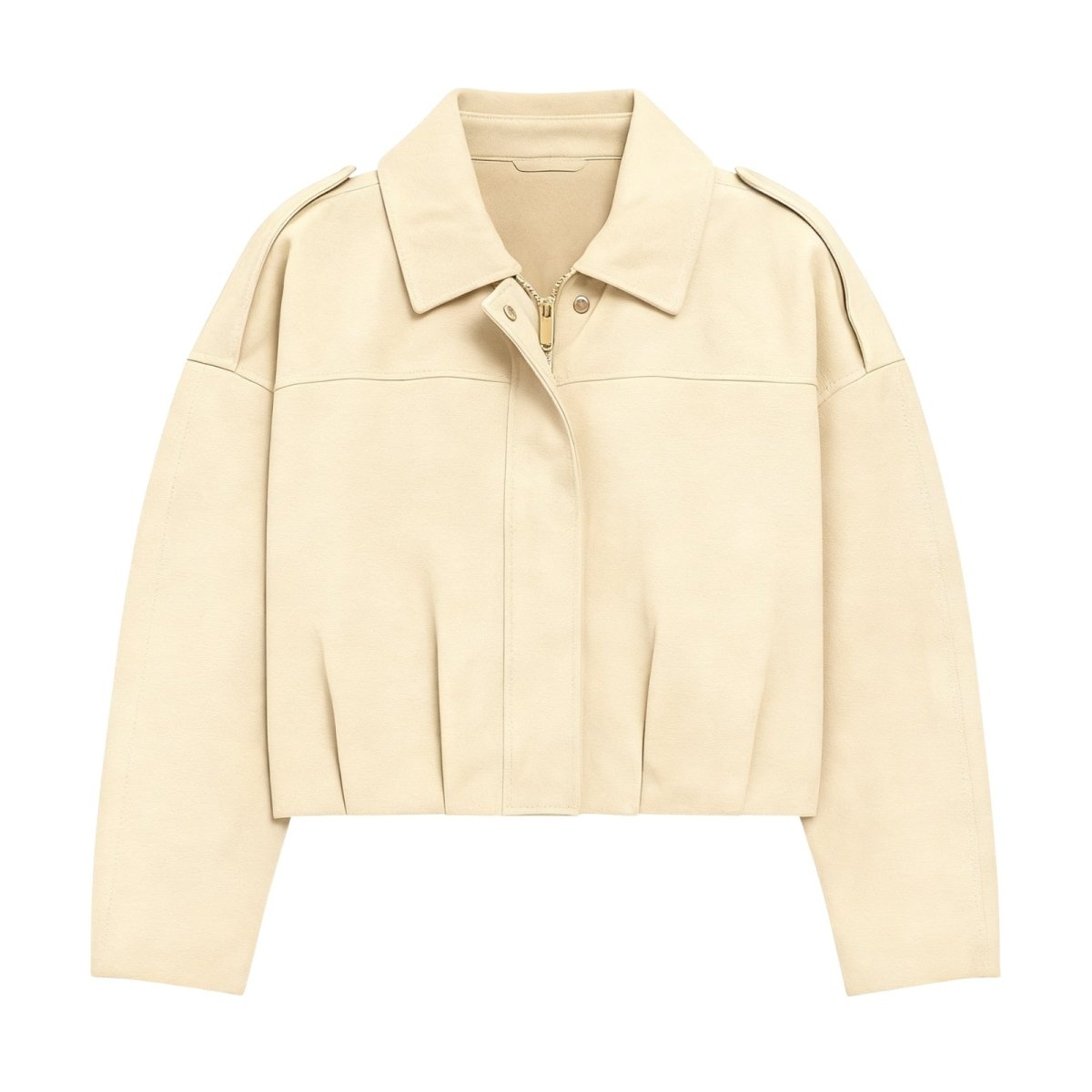Flatlay of the Kouvr leilani cropped cream suede jacket showing the gold zipper and collar details.