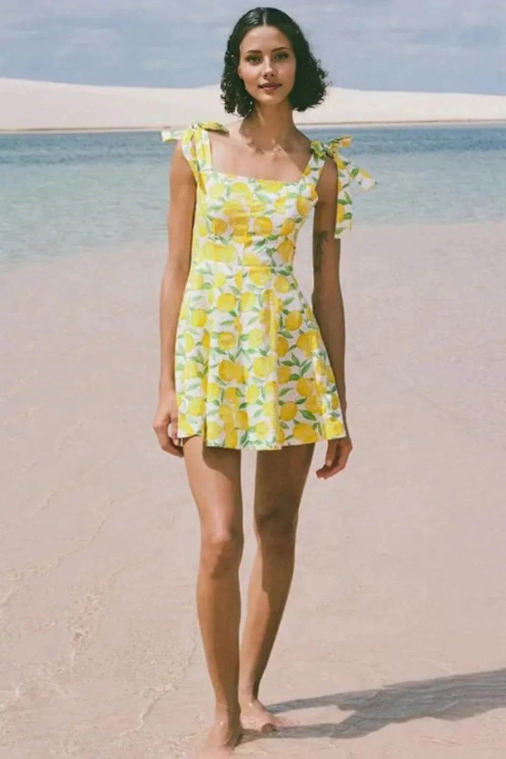 Integrate throughout the description and backend: italian summer dress, amalfi coast style, tie shoulder mini dress, square neck sundress, fit and flare dress, resort wear, vacation dress for women, linen blend dress, brunch dress, bridal shower guest dress