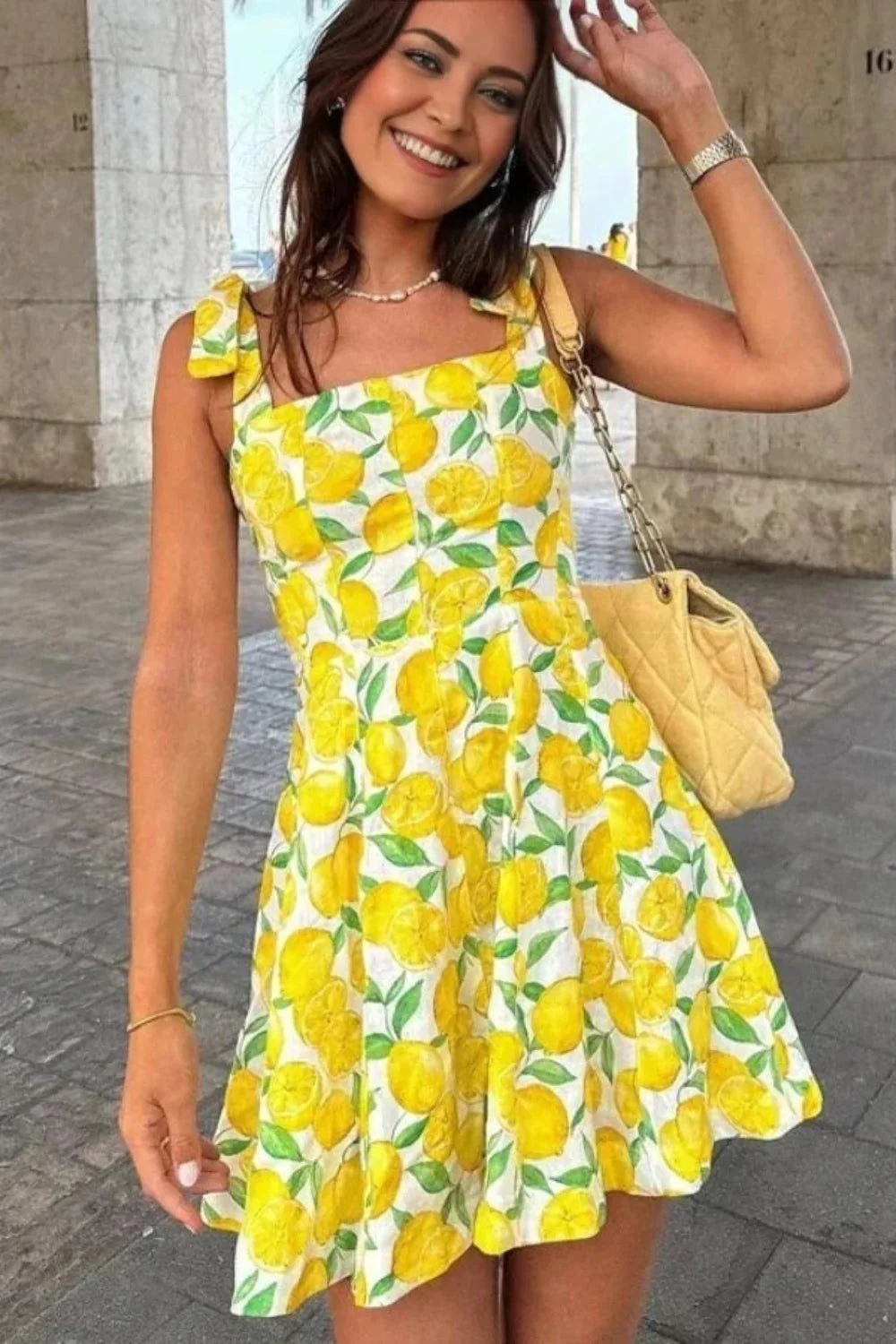 Integrate throughout the description and backend: italian summer dress, amalfi coast style, tie shoulder mini dress, square neck sundress, fit and flare dress, resort wear, vacation dress for women, linen blend dress, brunch dress, bridal shower guest dress