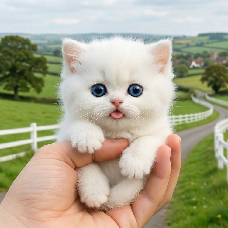 A close-up shot of the Kouvr soft plush robot kitten with bright blue eyes being held in a person's hand in a countryside setting.

