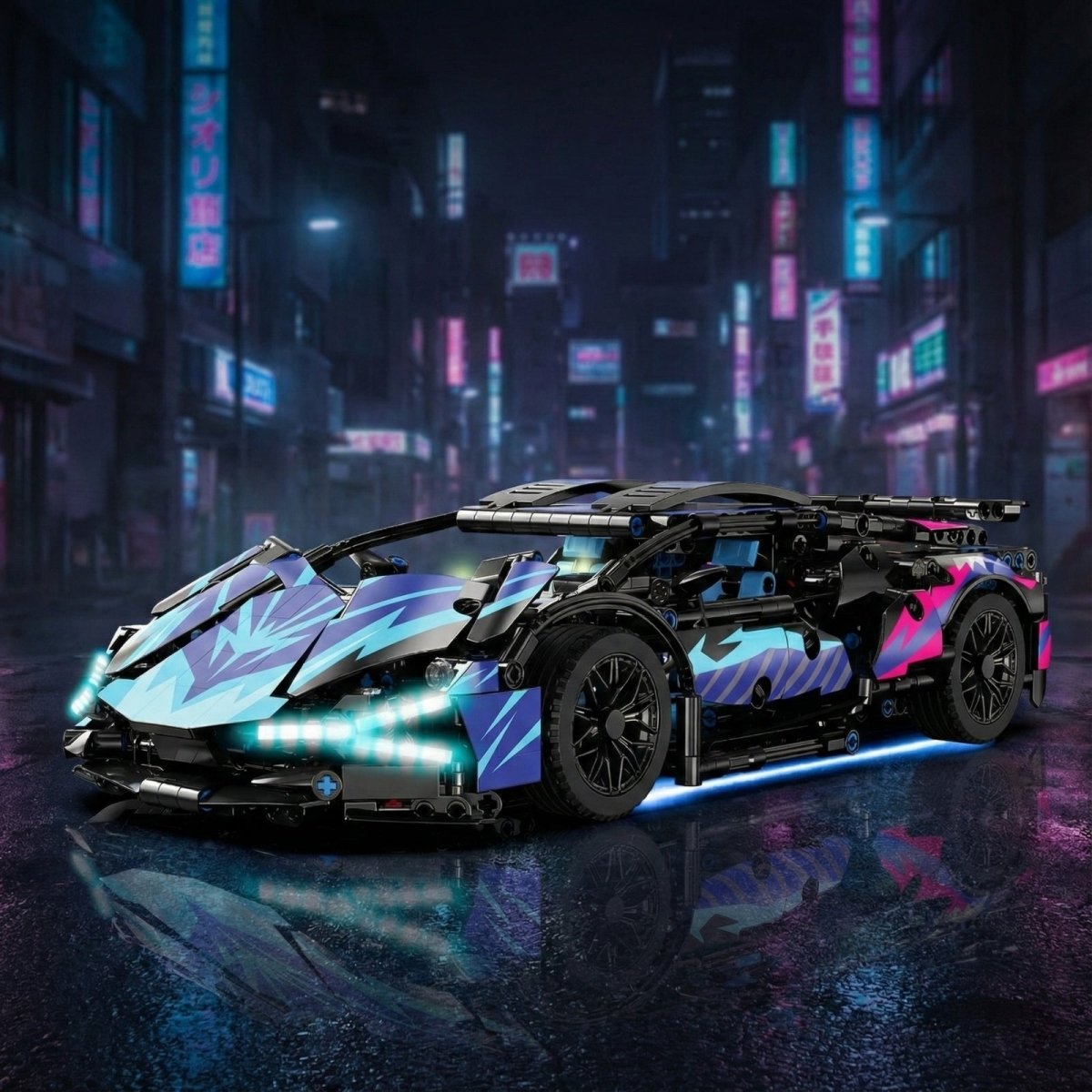 The Kouvr RC building block car with lights on, set against a futuristic neon city street, highlighting its modern aesthetic.