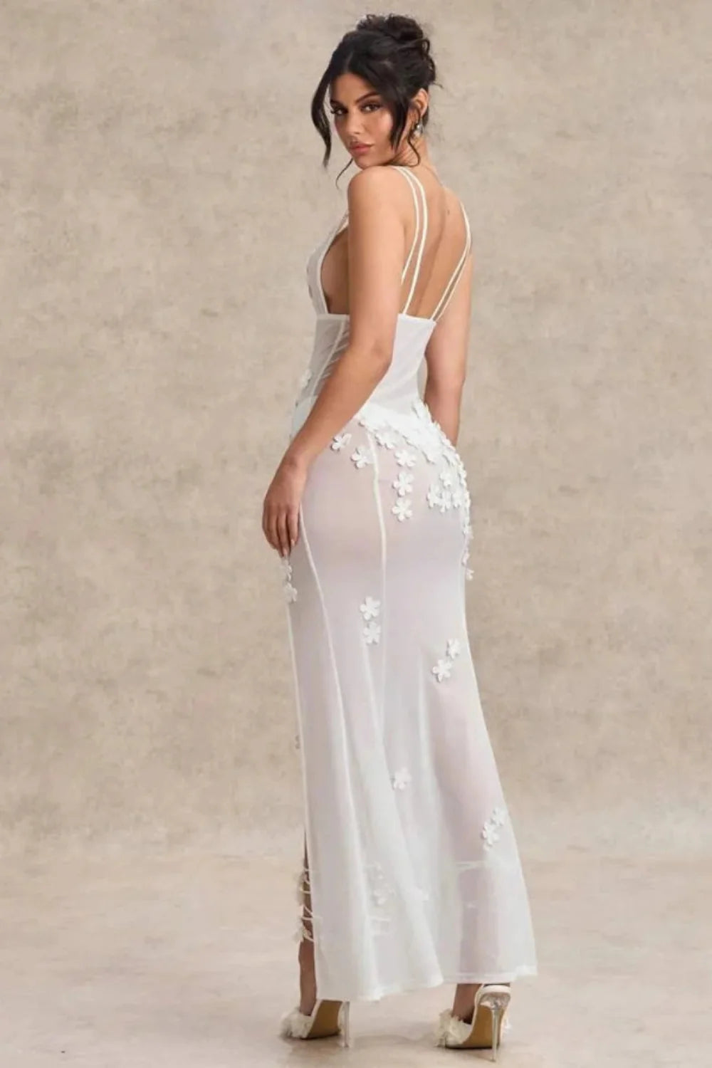 Kouvr Fashion Lila sheer white maxi dress with 3D floral appliqués and a high thigh slit