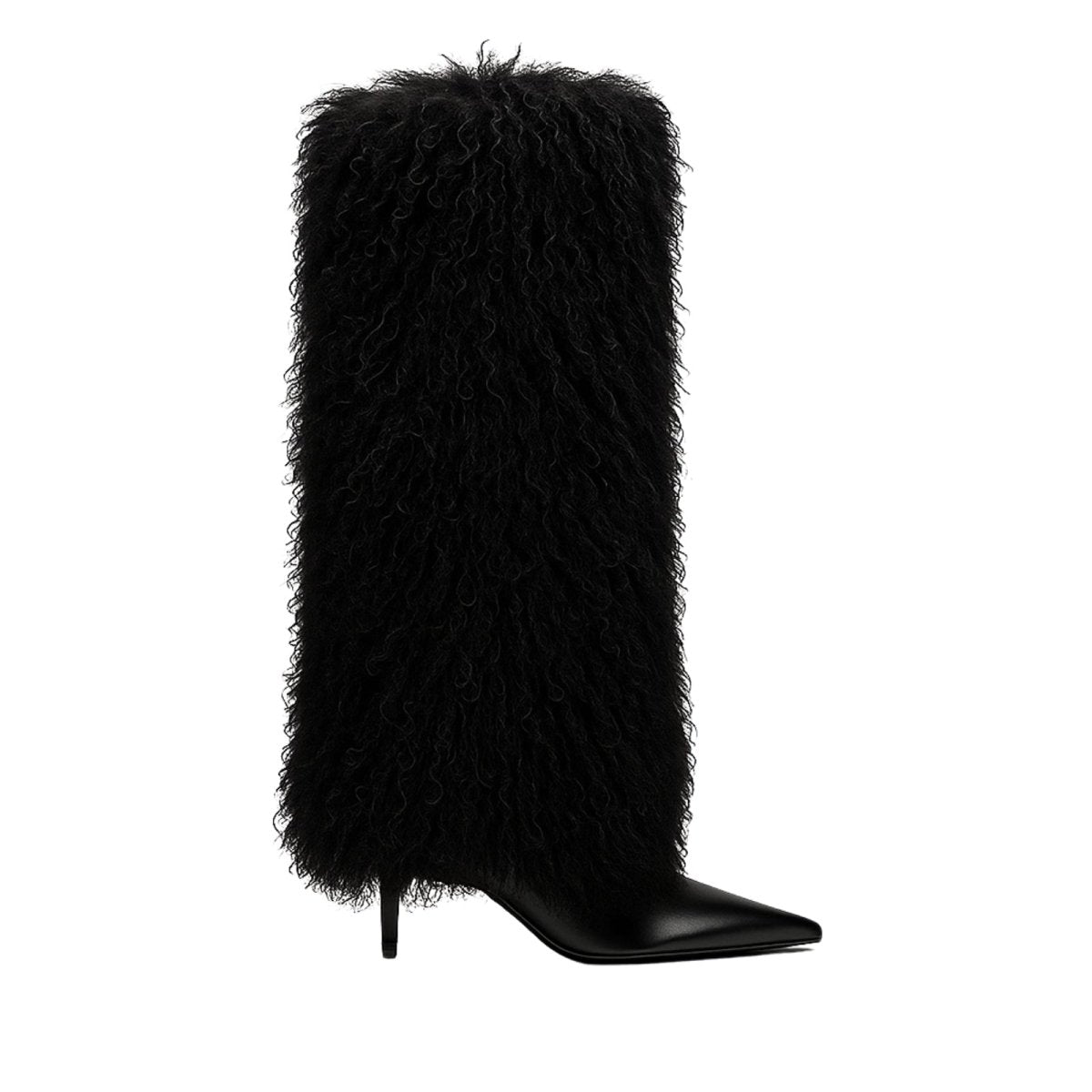 Black knee-high boot with fluffy black fur on a white background