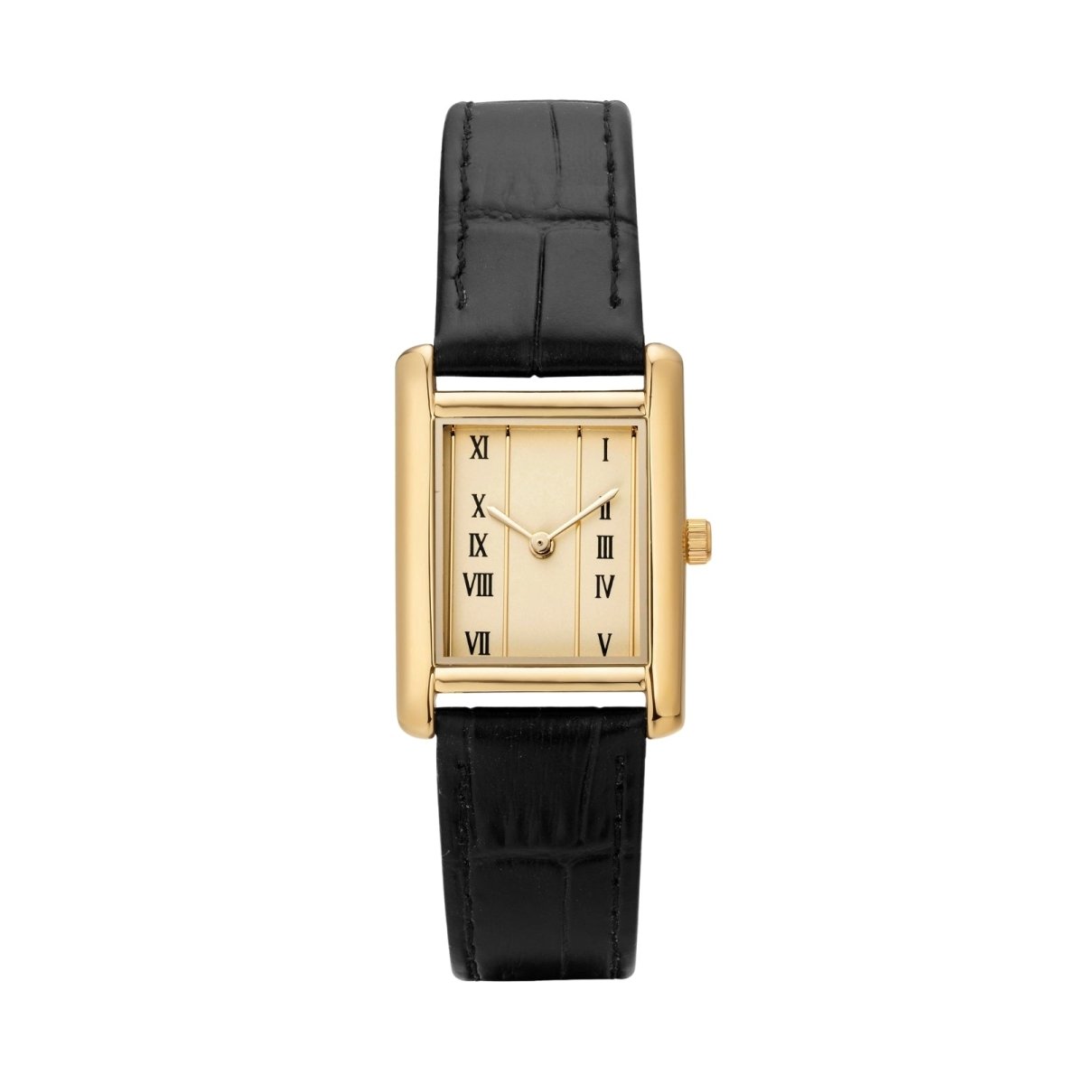 Gold kouvr watch with black leather strap on a white background