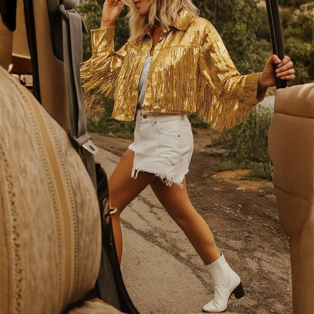 Kouvr Lumière gold sequin fringe jacket for women | Western tinsel statement jacket for festival and concert outfits