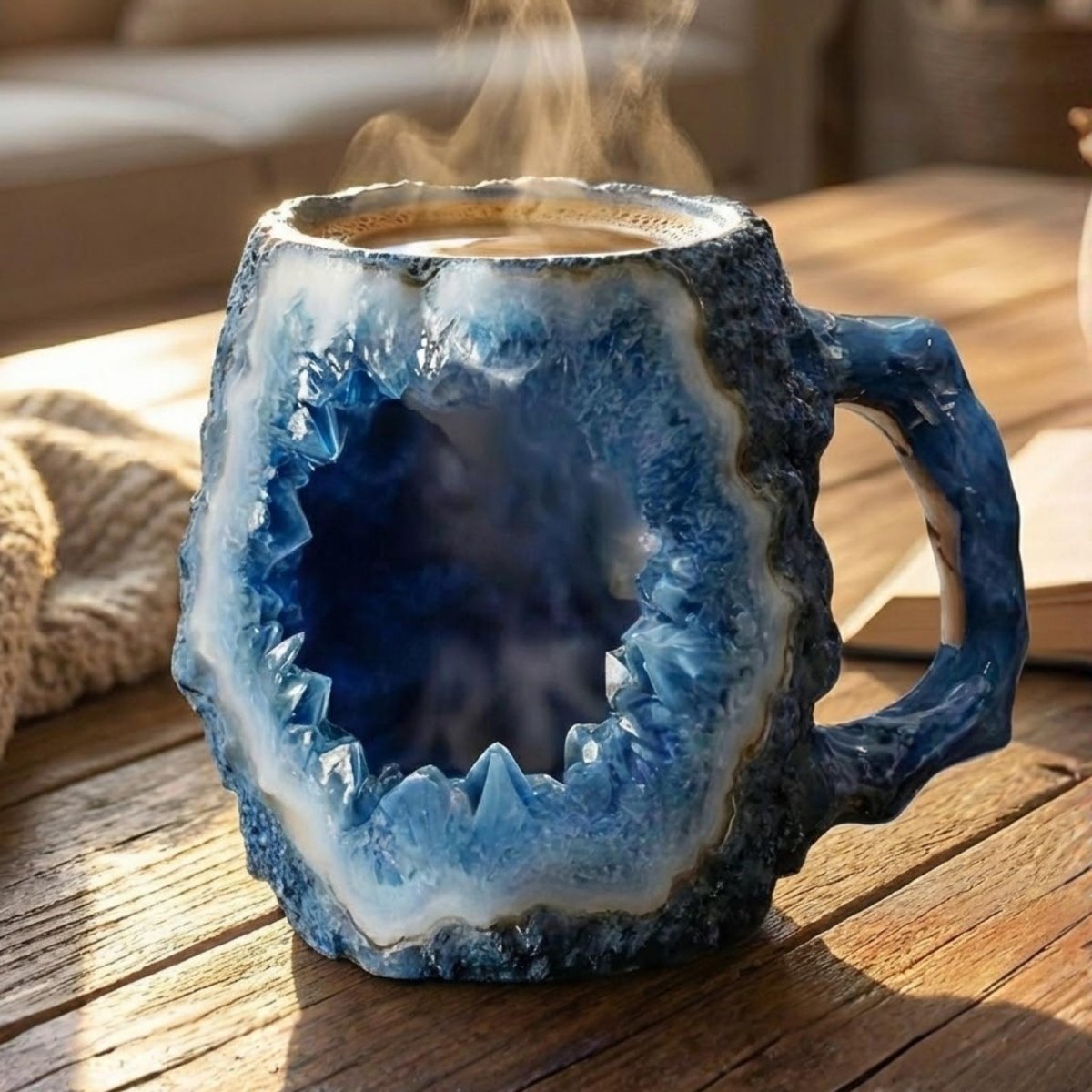 Luxury blue agate geode coffee mug by Kouvr filled with steaming hot coffee, sitting on a sunlit wooden table.