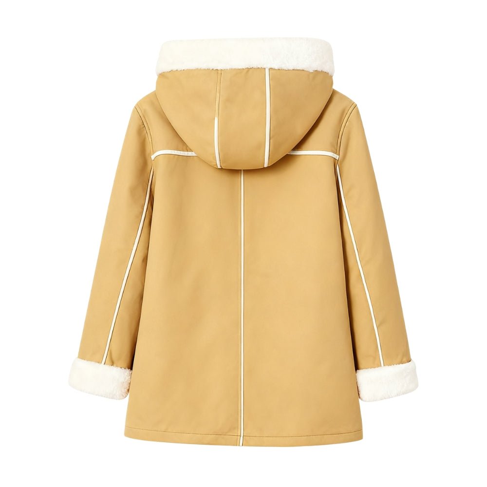 sherpa-lined," "toggle fastening," "winter essential," "investment outerwear," "cozy jacket," "autumn style