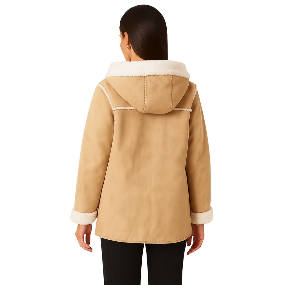 sherpa-lined," "toggle fastening," "winter essential," "investment outerwear," "cozy jacket," "autumn style