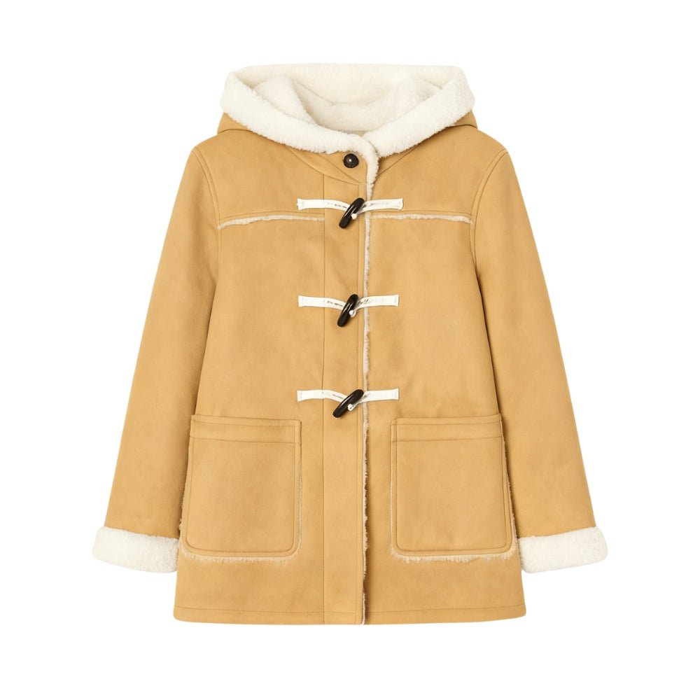 sherpa-lined," "toggle fastening," "winter essential," "investment outerwear," "cozy jacket," "autumn style