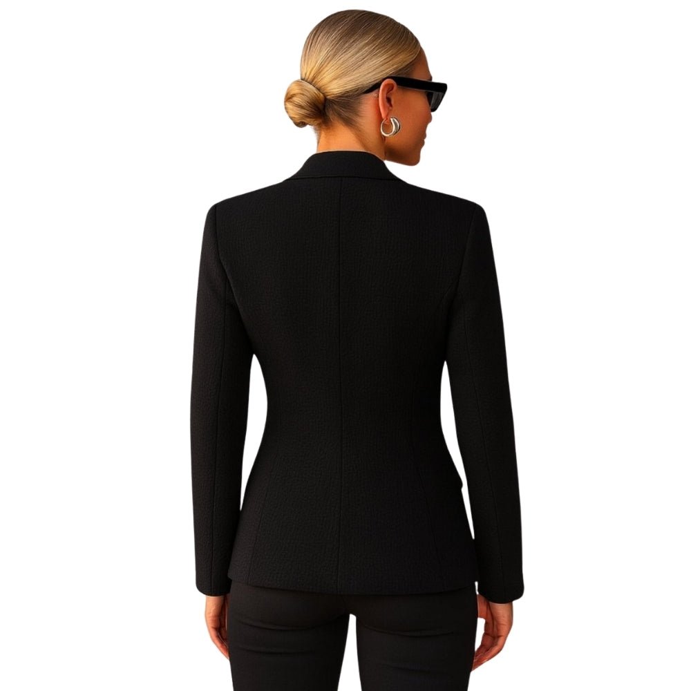 Model wearing the Kouvr Maureen Textured Weave Blazer in black,
