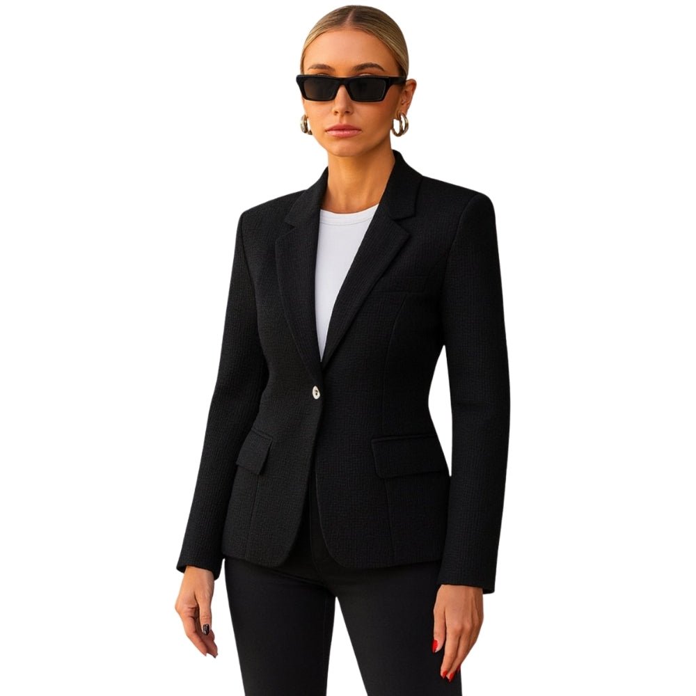 Model wearing the Kouvr Maureen Textured Weave Blazer in black,