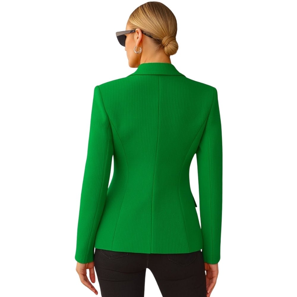 Model wearing the Kouvr Maureen Textured Weave Blazer in green,