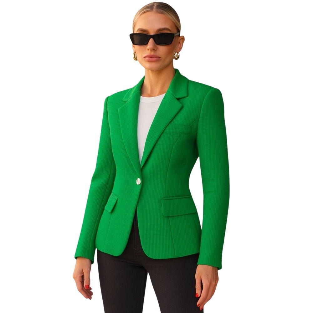 Model wearing the Kouvr Maureen Textured Weave Blazer in green,