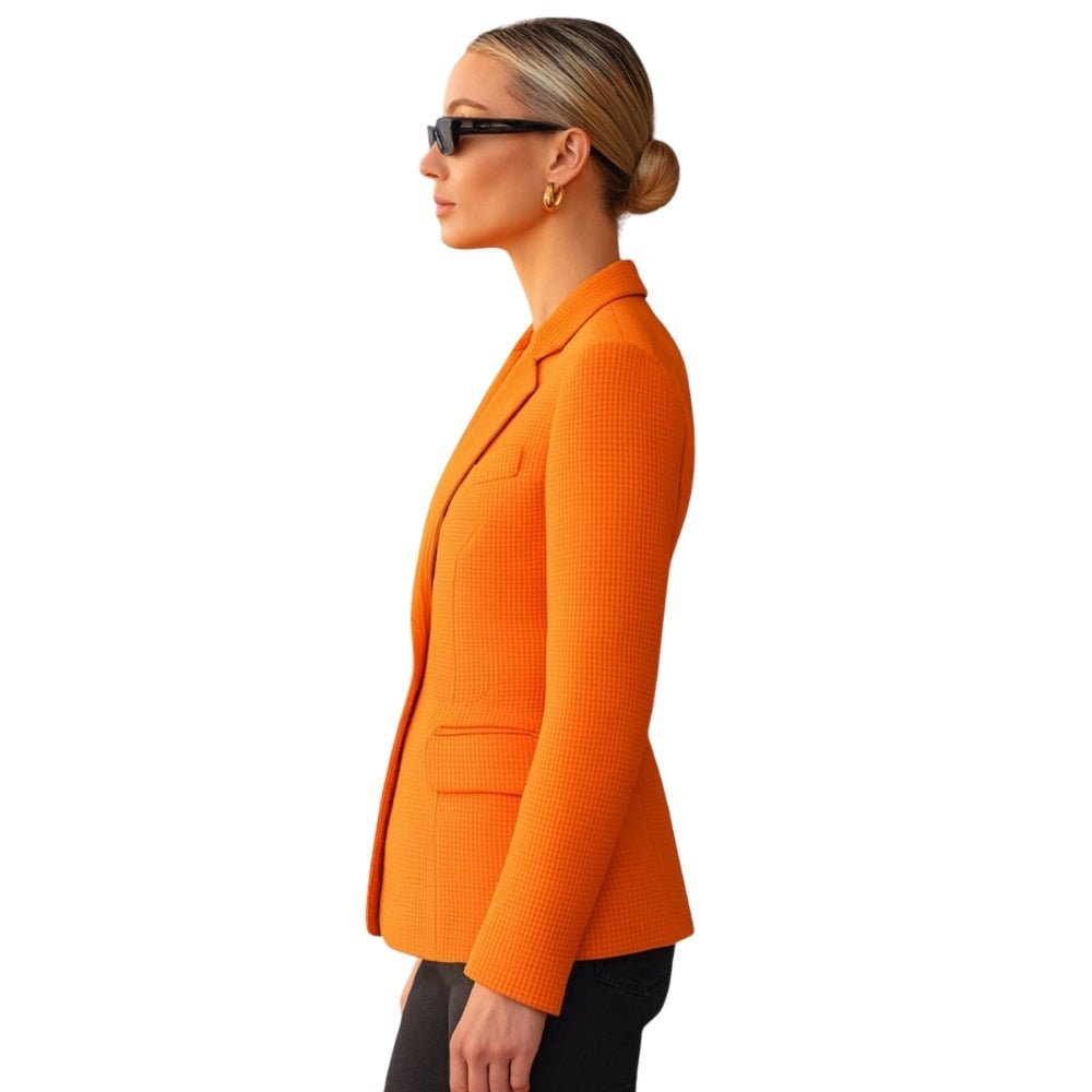 Model wearing the Kouvr Maureen Textured Weave Blazer in green,