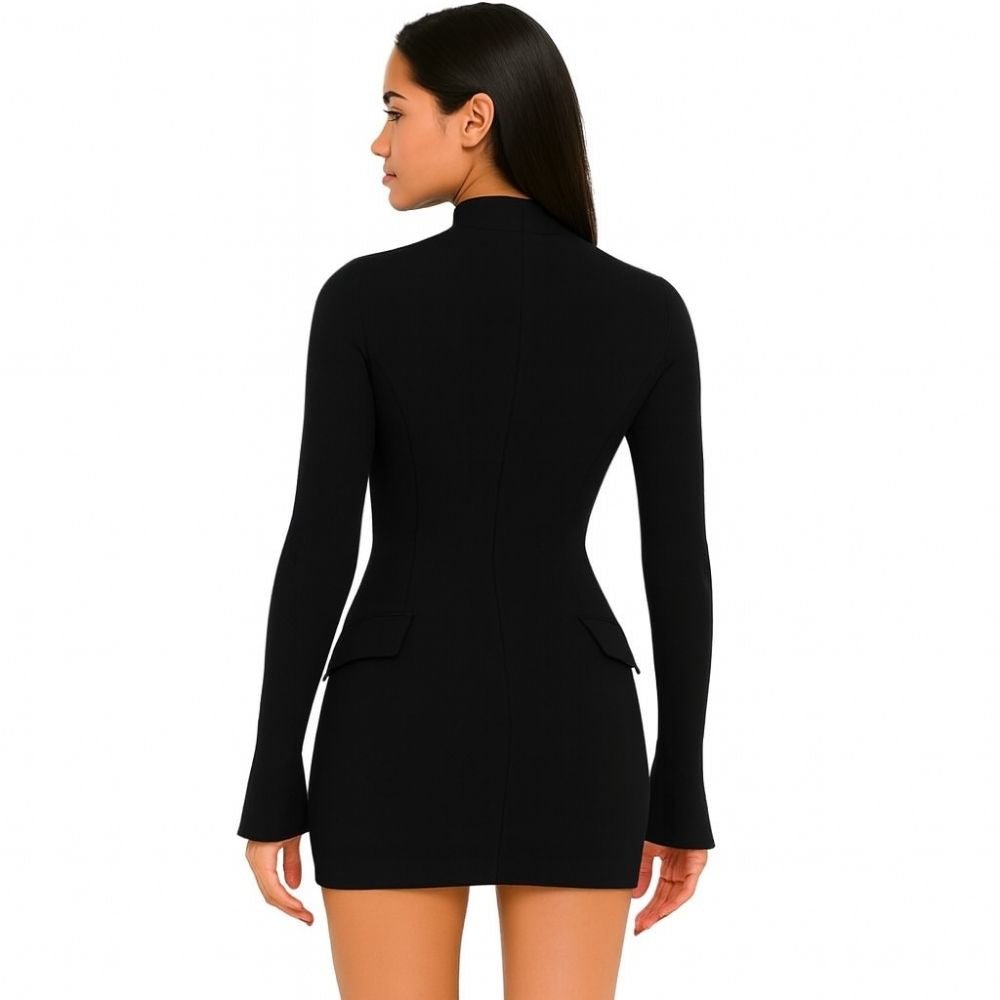 sculptural silhouette," "minimalist evening wear," "power dress," "flared cuff dress," and "mock neck bodycon dress