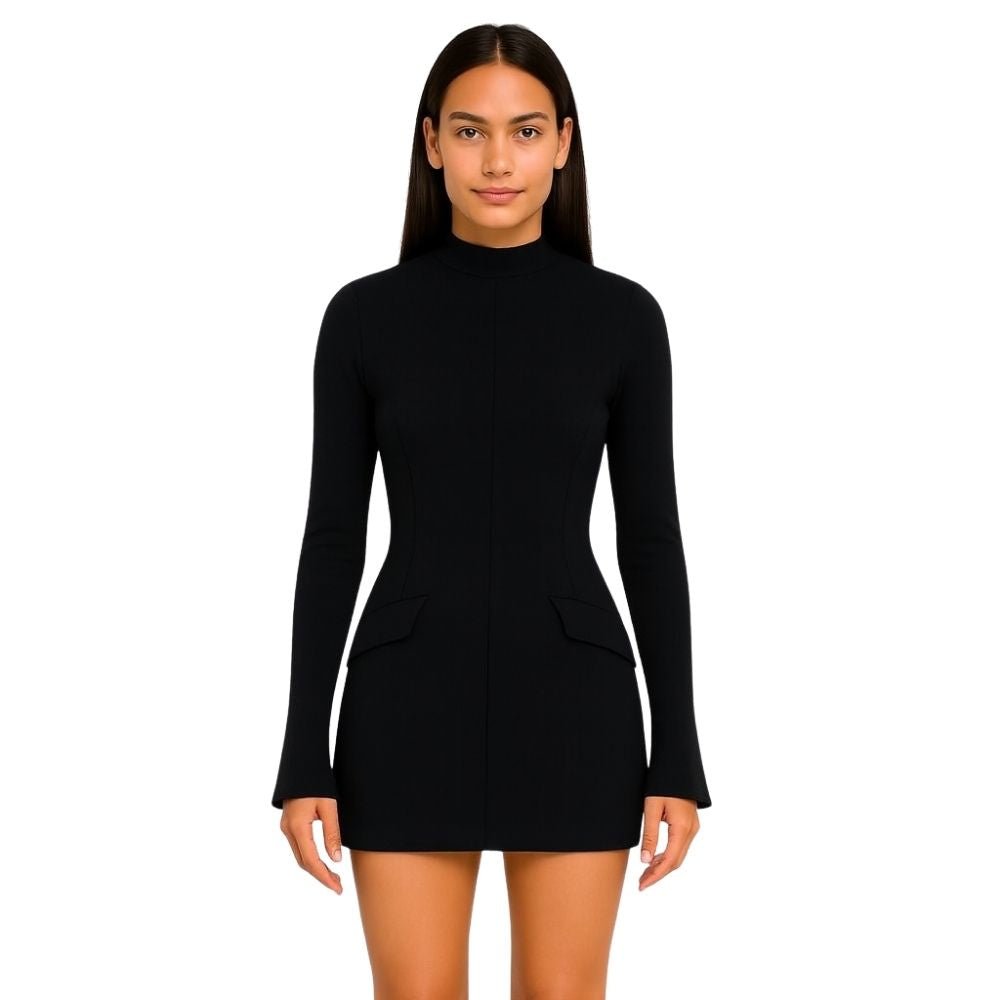 sculptural silhouette," "minimalist evening wear," "power dress," "flared cuff dress," and "mock neck bodycon dress