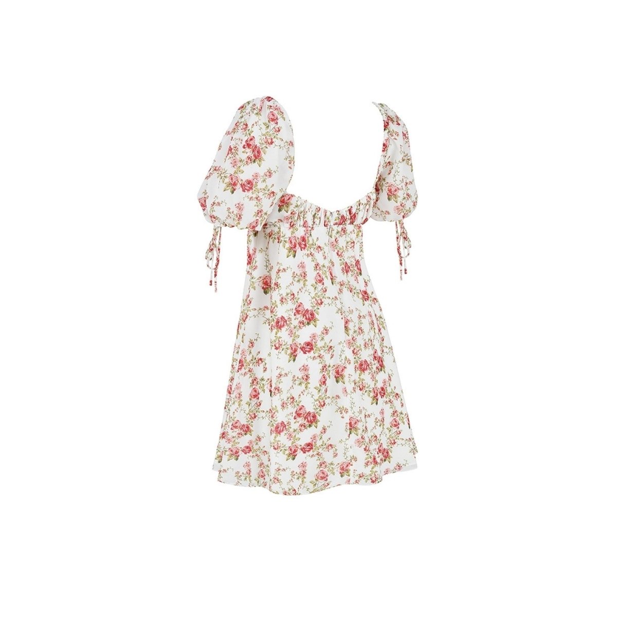 Floral Kouvr dress with puff sleeves on a white background