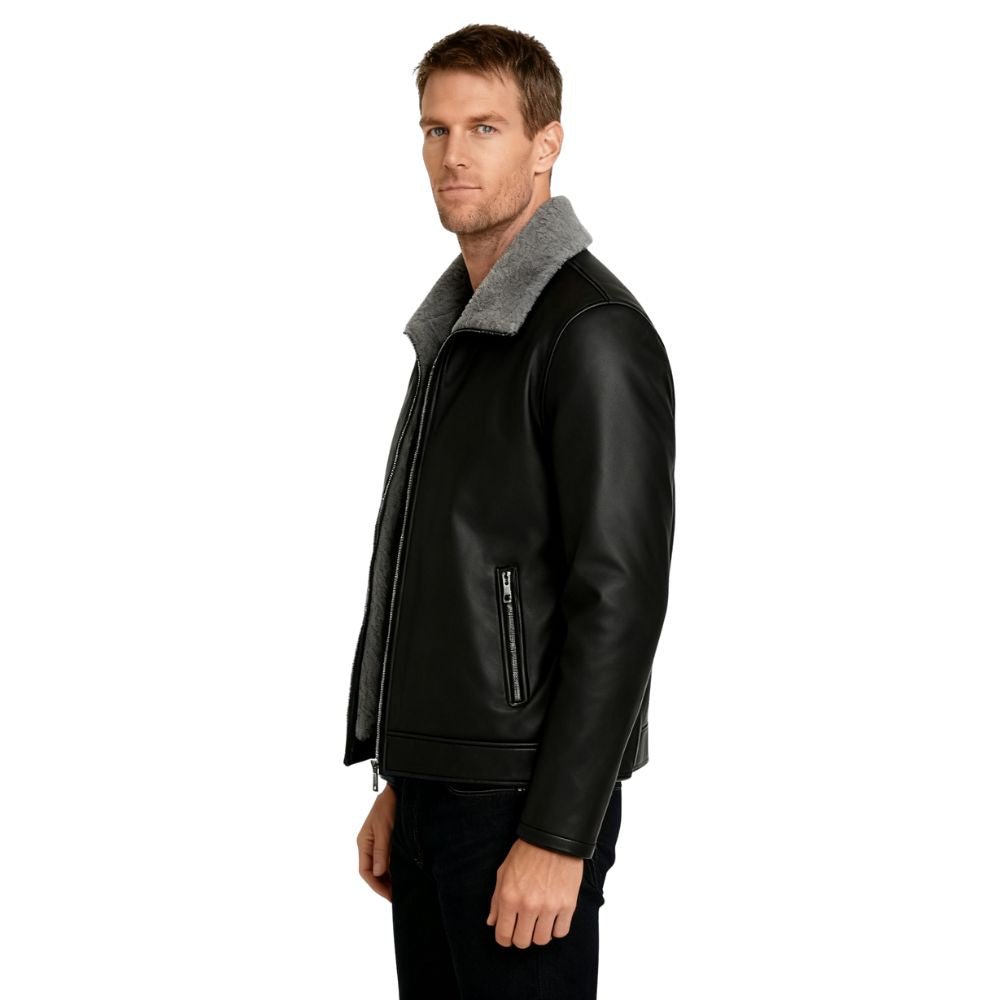 Model wearing the Kouvr Fashion black lambskin leather jacket with grey shearling collar