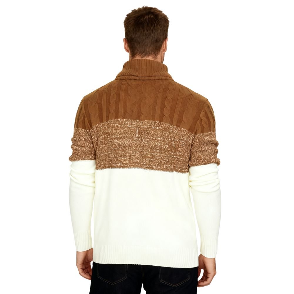 Man wearing a brown and white kouvr sweater with a white background