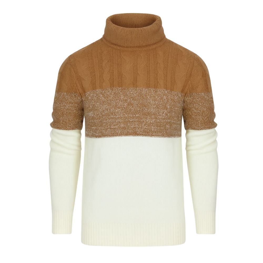 Brown and white kouvr sweater with a turtleneck on a white background