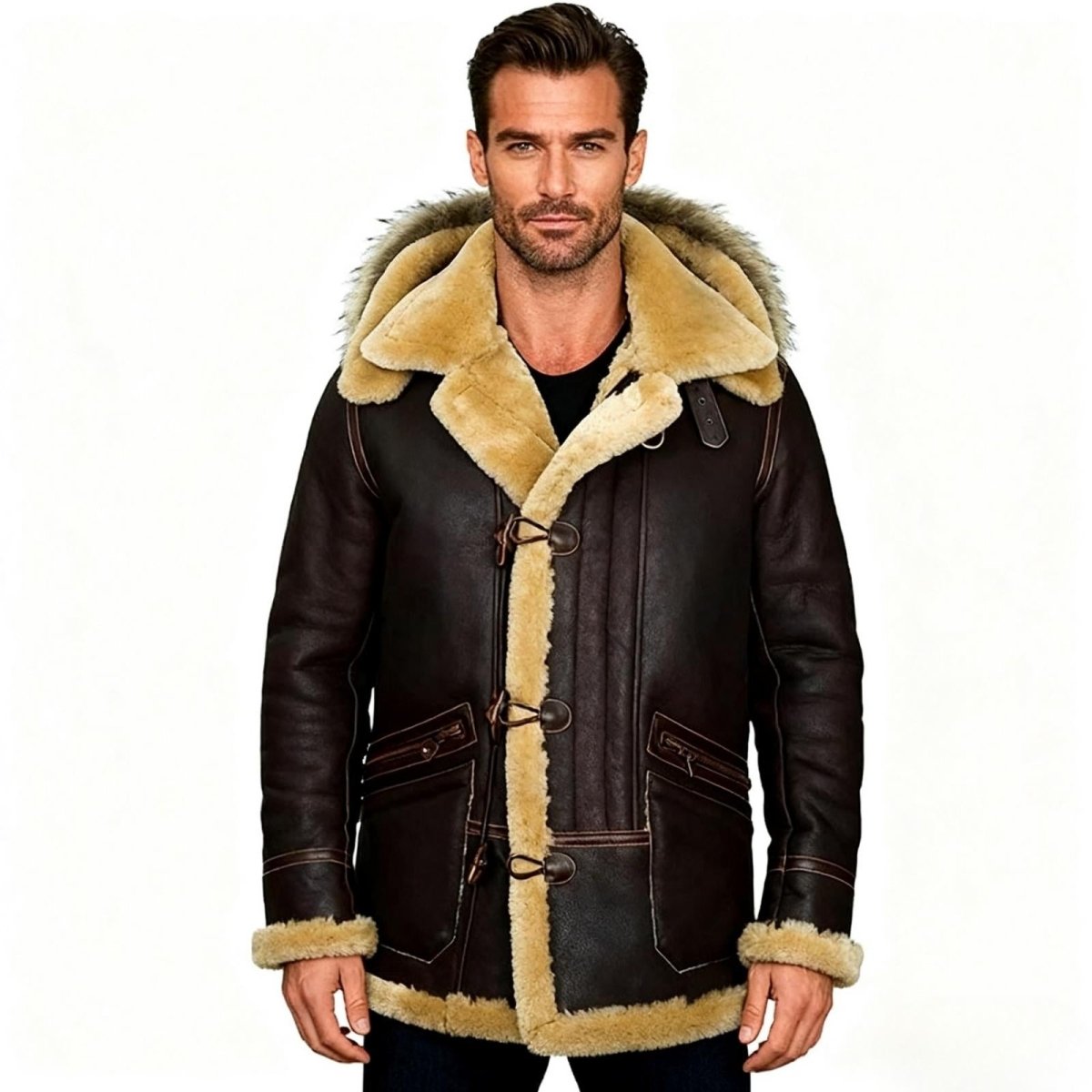 Men's dark brown leather shearling jacket with fur hood and toggle closure - Kouvr Edward