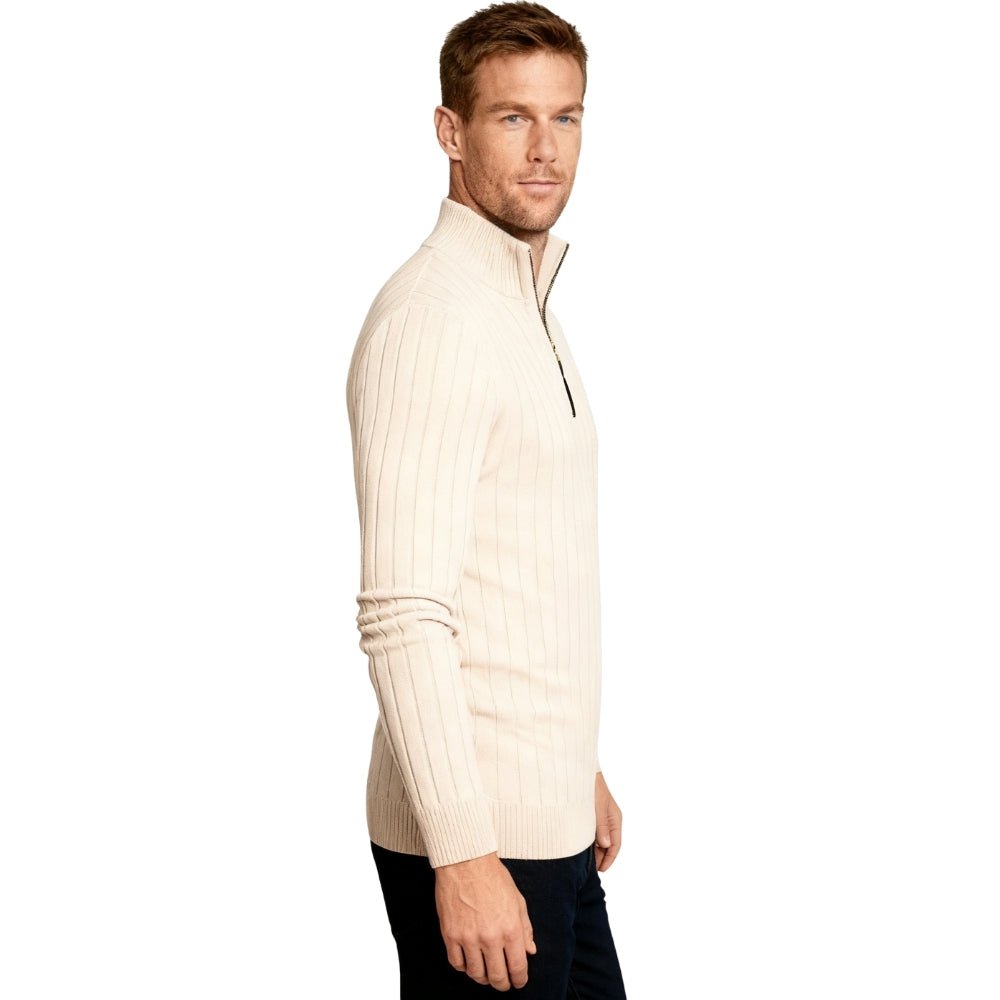 half-zip jumper, luxury knitwear, beige sweater for men, ribbed knit pullover, smart casual sweater.