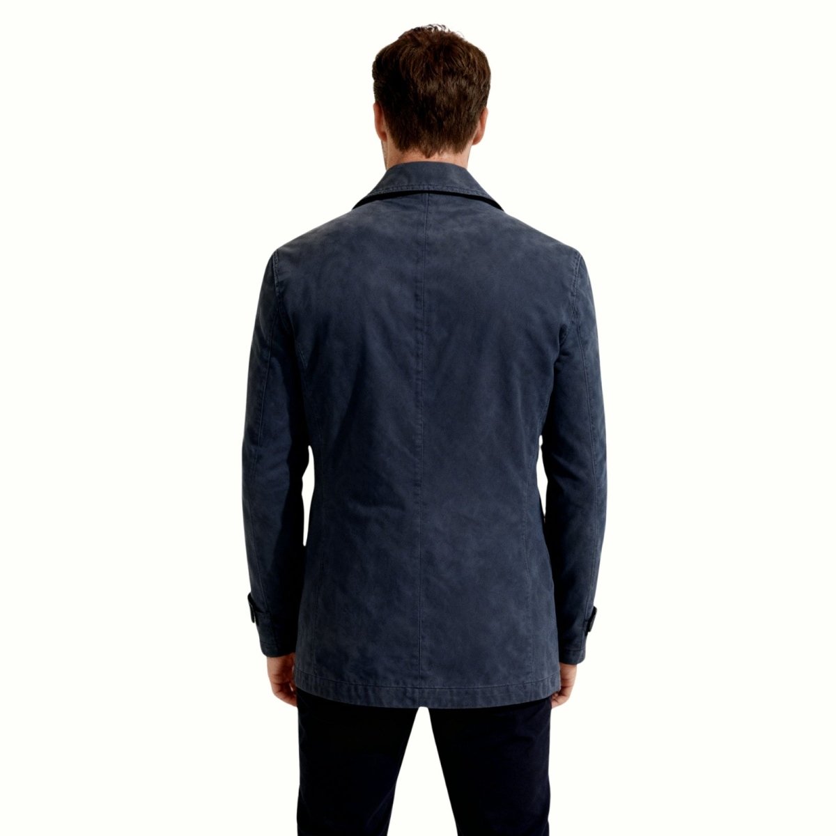 Back view of the Kouvr men's classic fit naval peacoat in navy, displaying the clean lines and shoulder construction.