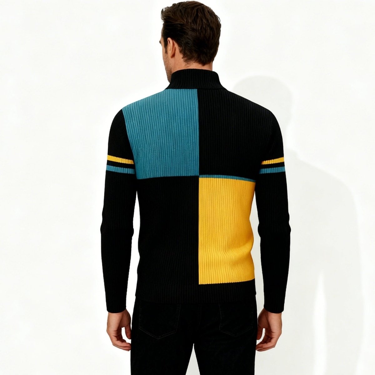Back view of the Kouvr men's geometric color-block sweater in black, teal, and yellow.