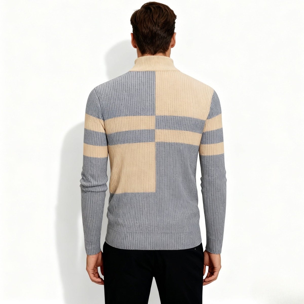 Back view of the Kouvr Fashion two-tone mock neck sweater in grey and beige, showcasing the continuation of the color block pattern.