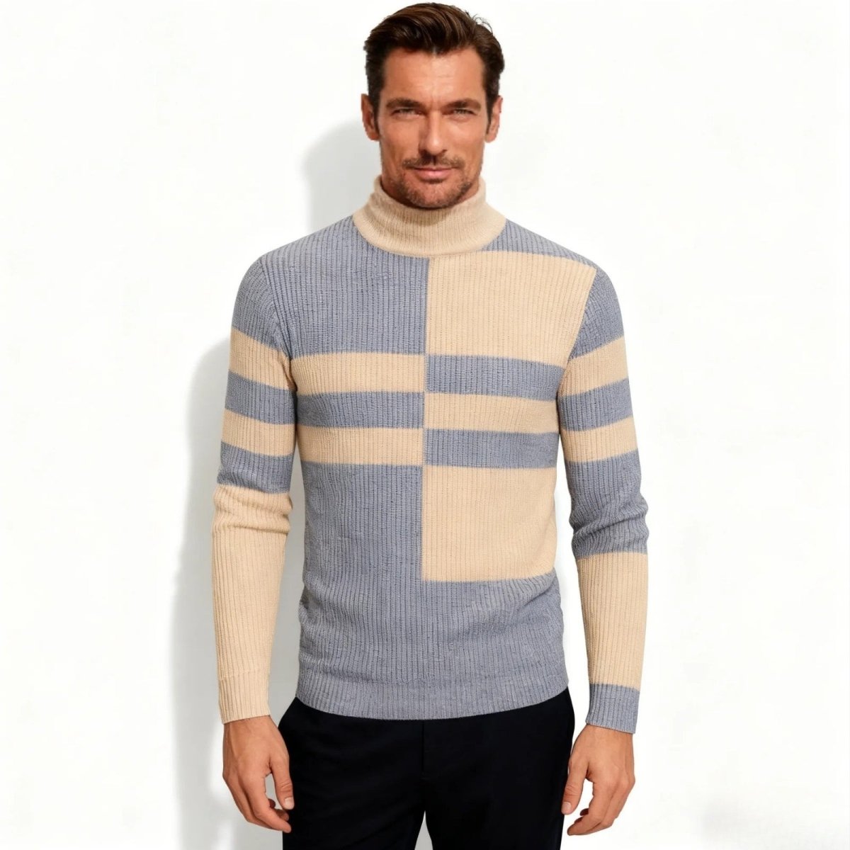 Model wearing the Kouvr Fashion men's grey and beige color block turtleneck sweater, viewed from the front against a white background.