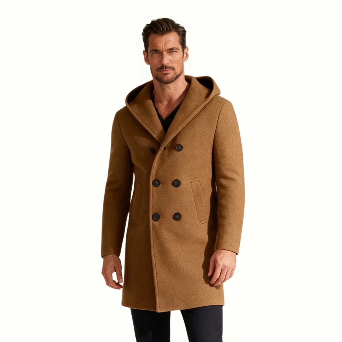 Man wearing a khaki-colored, double-breasted hooded wool overcoat from Kouvr Fashion, shown from the front against a white background.