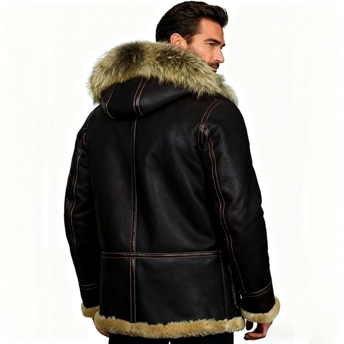 Back view of men's brown winter jacket showing hood construction and leather seams.