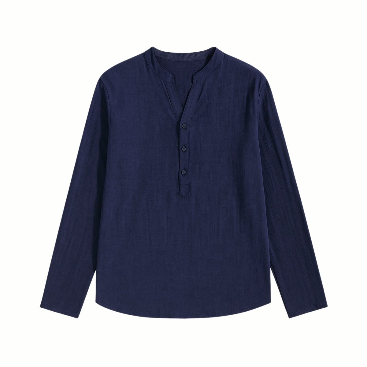 Flatlay product shot of the Kouvr navy blue roby shirt front, showing the mother-of-pearl buttons and texture.