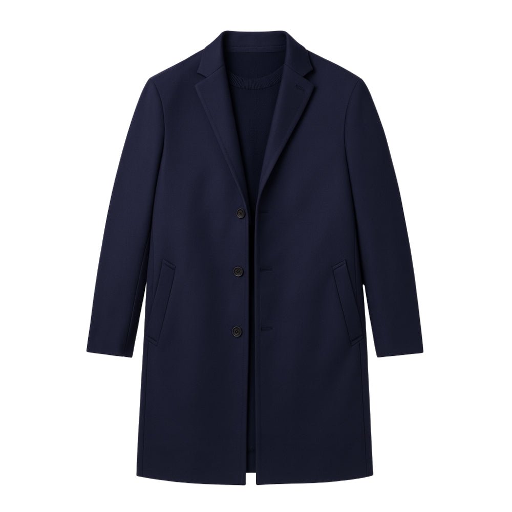 Navy Kouvr coat on a white background