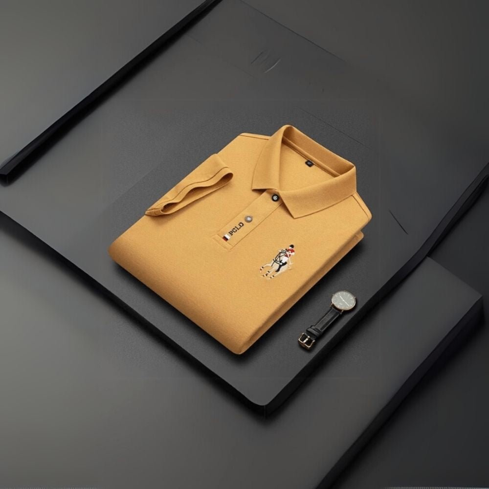 pique knit shirt, premium cotton polo, embroidered logo polo, men's summer shirt, sophisticated casual wear, golf polo shirt, men's collared shirt