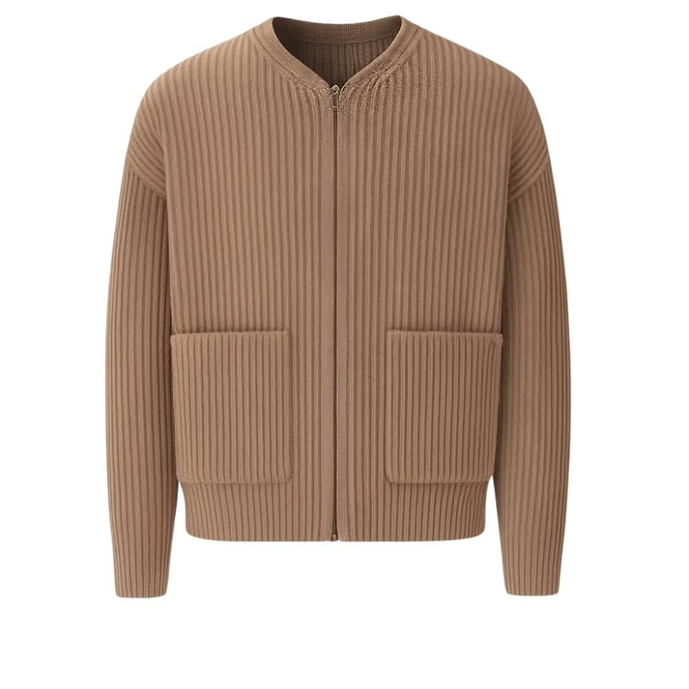 collarless bomber jacket," "men's full-zip sweater," "heavyweight knit," "minimalist cardigan," and "transitional layer