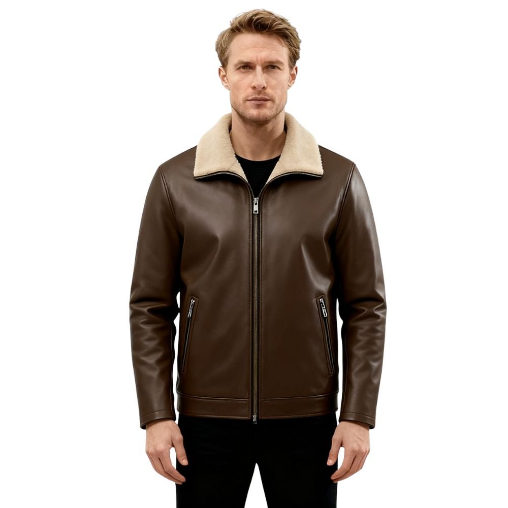 Man wearing the Kouvr Fashion dark brown leather aviator jacket with a cream shearling collar