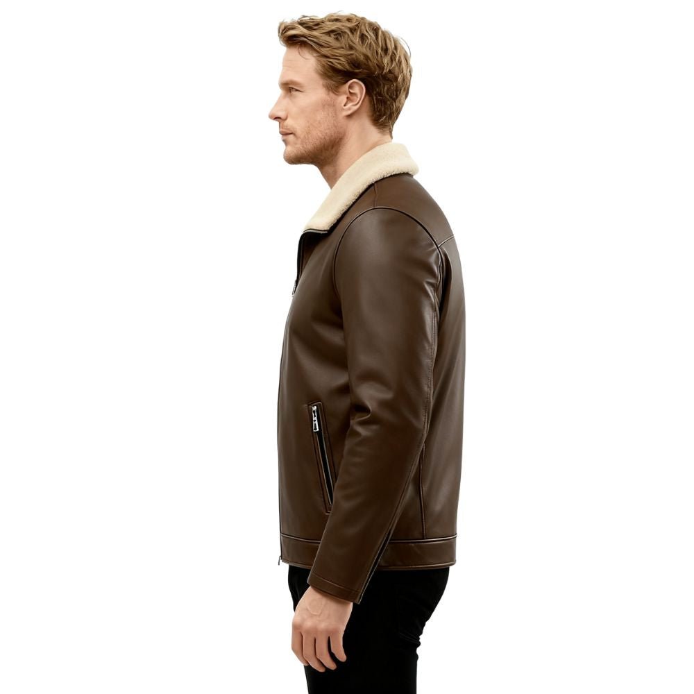 Man wearing the Kouvr Fashion dark brown leather aviator jacket with a cream shearling collar