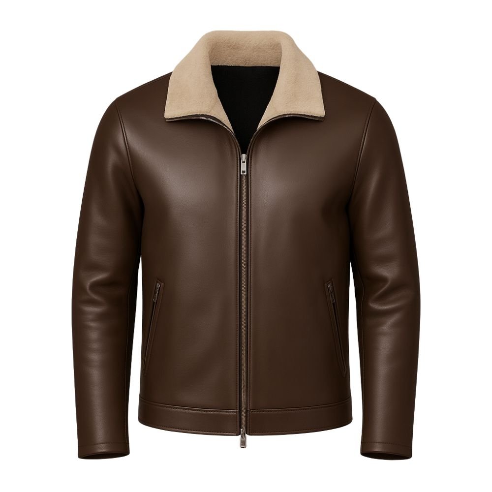 Man wearing the Kouvr Fashion dark brown leather aviator jacket with a cream shearling collar