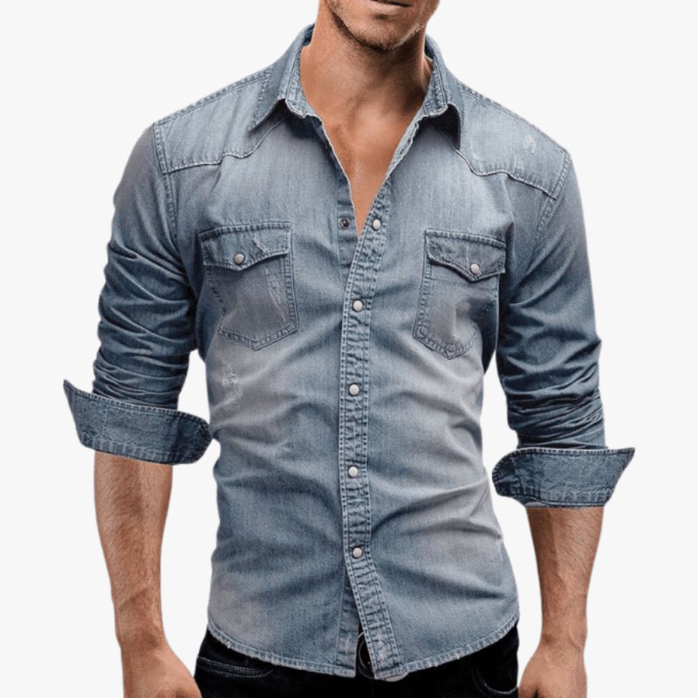 cowboy style shirt," "men's rugged casual," "Americana fashion," "faded blue jean shirt," "tailored denim top," "men's layering piece