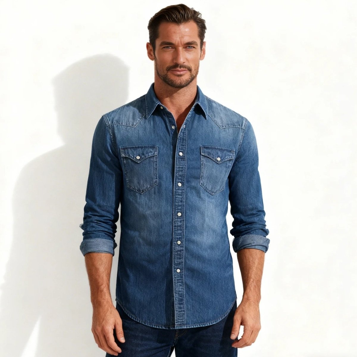 Man wearing a Navy blue Kouvr denim shirt on a white background