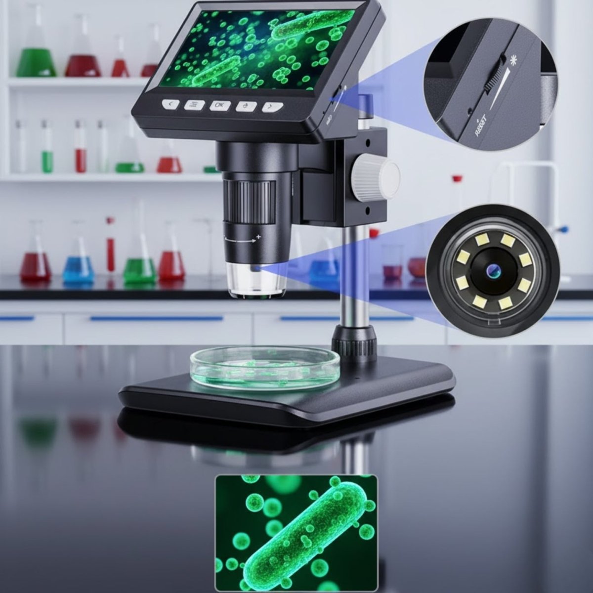 A diagram showing the powerful 50x, 500x, and 1000x zoom capabilities of the Kouvr microscope on an insect's eye.