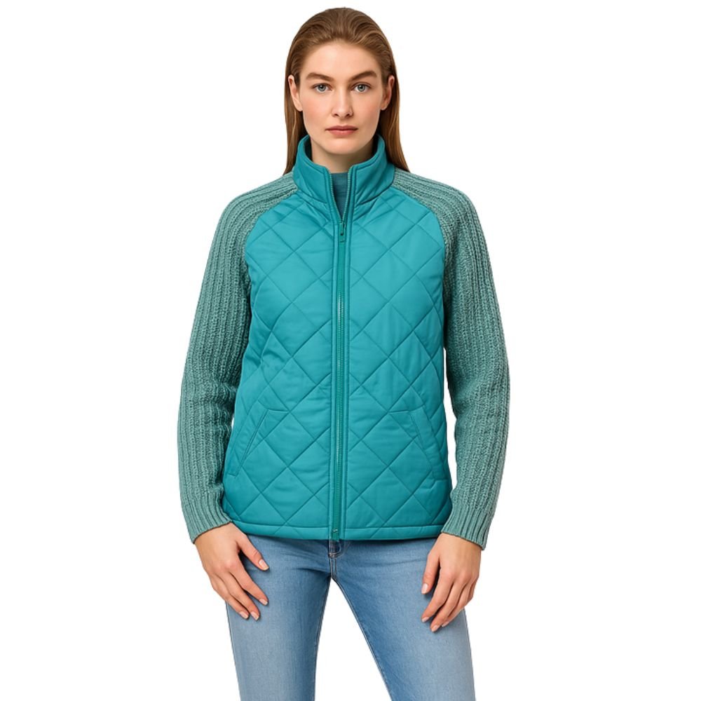 Women's Mika Hybrid Bomber Jacket in Teal with knit sleeves (front view) by Kouvr