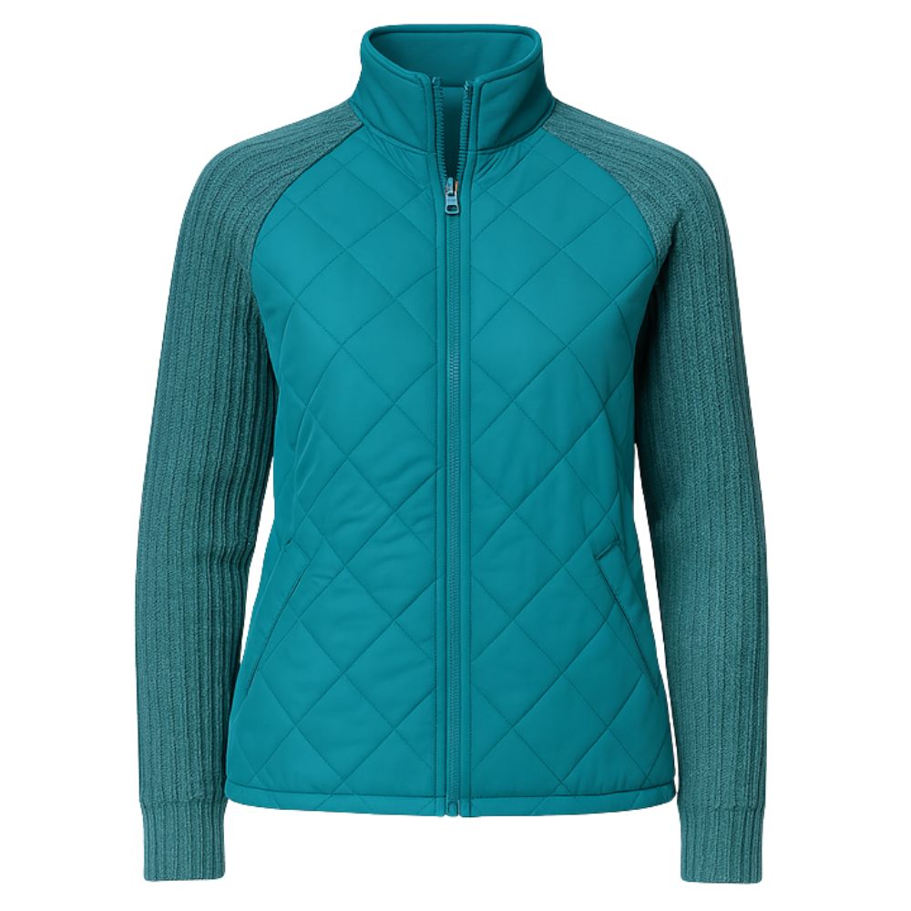 Front view of Teal Mika Hybrid Jacket with zip-up high-neck collar