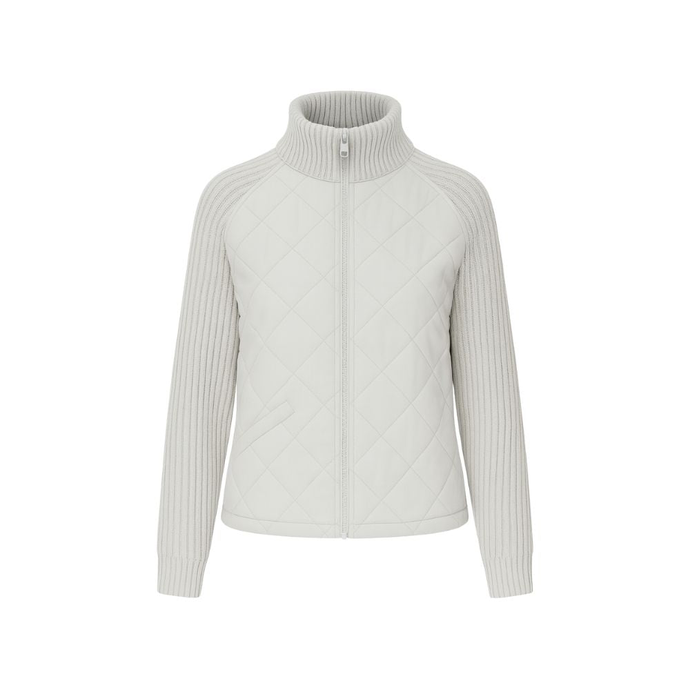 Studio product shot of the Kouvr Mika Hybrid Jacket in gray, zipped up on a white background.
