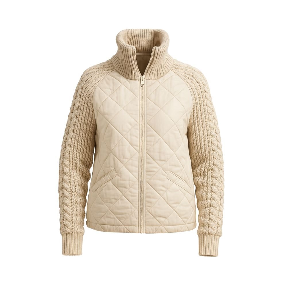 Model wearing the Kouvr Arlington Quilted Hybrid Jacket with blue jeans